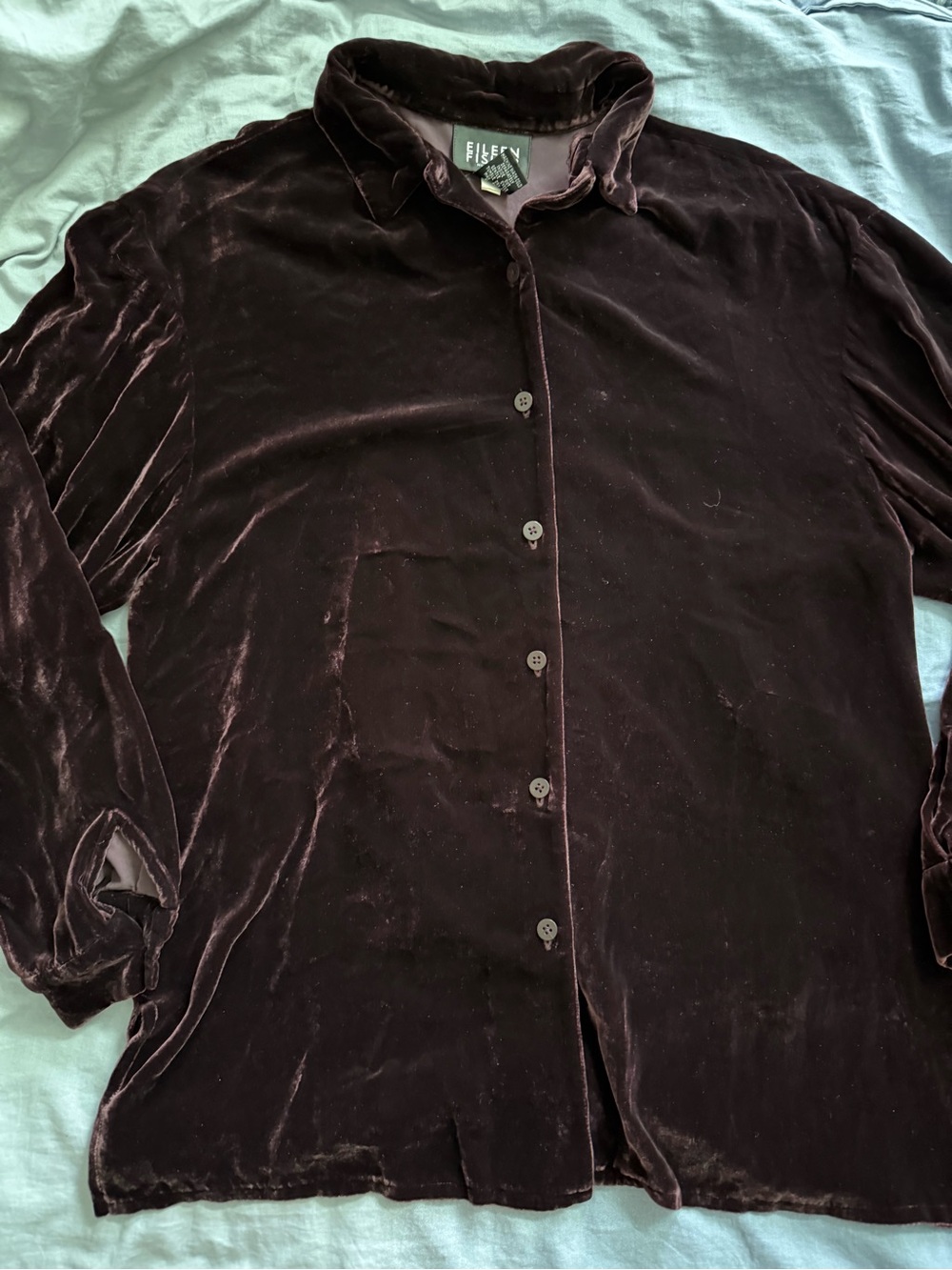 Eileen Fisher Silk Blend Velvet Classic Collar Button Down Shirt Top Brown M